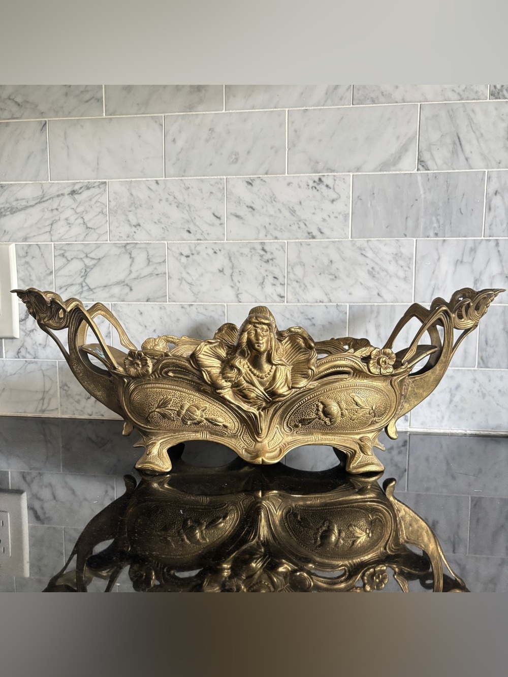 Vintage Art Nouveau Brass Jardiniere: Old World European Centerpiece